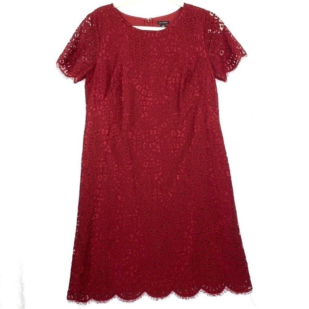 Ann Taylor Lace Overlay Sheath Dress Short Sleeve, Mini - Deep Red, Size 8